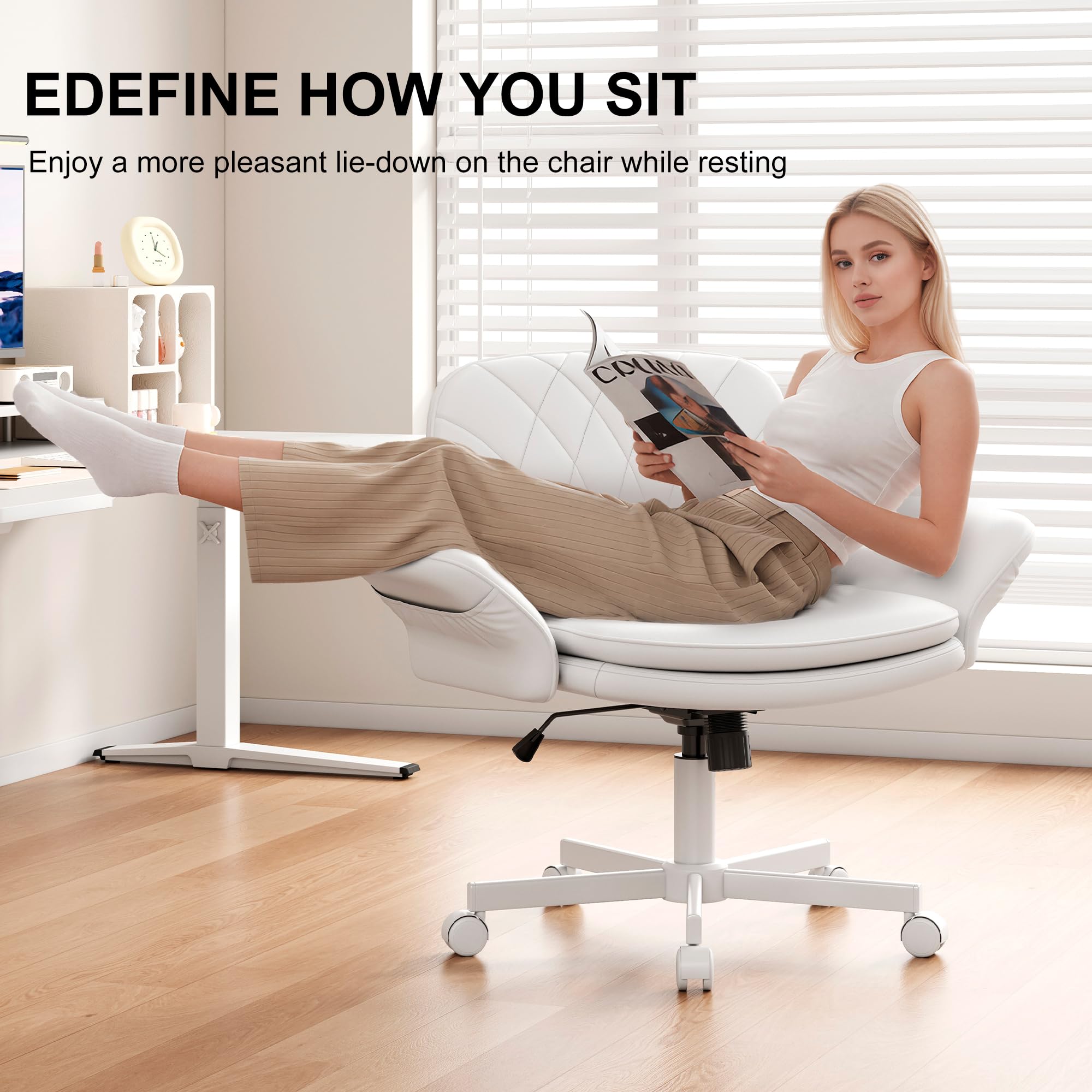 Criss Cross Chair with Armrests & Wheels for Cross-Legged Sitting, Comfortable PU Leather Vanity Chair, Office Desk Chairs with Adjustable Rocking Function, for Home, Bedroom White