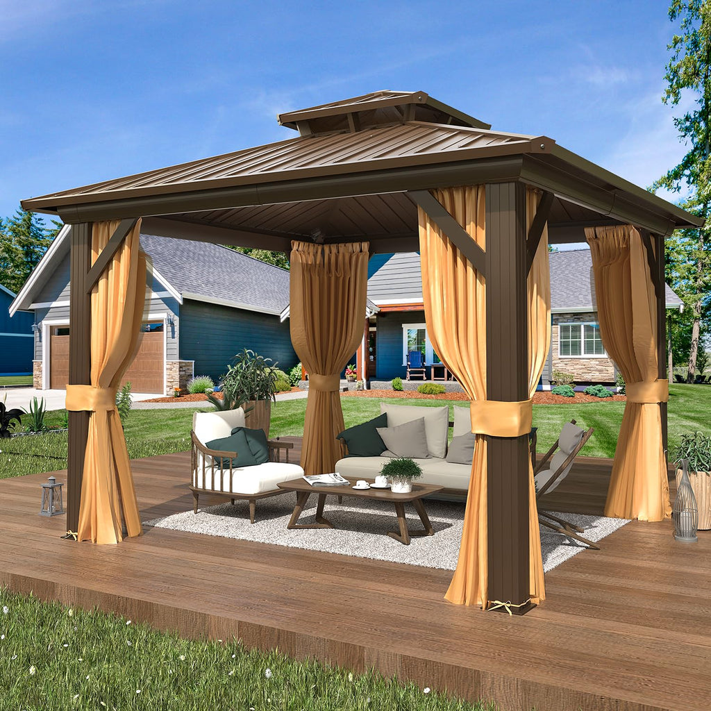 10' x 10' Hardtop Gazebo, Aluminum Frame Gazebos with Galvanized Steel Double Roof, Permanent Outdoor Metal Pavilion with Curtain and Netting for Patio, Lawn, Deck