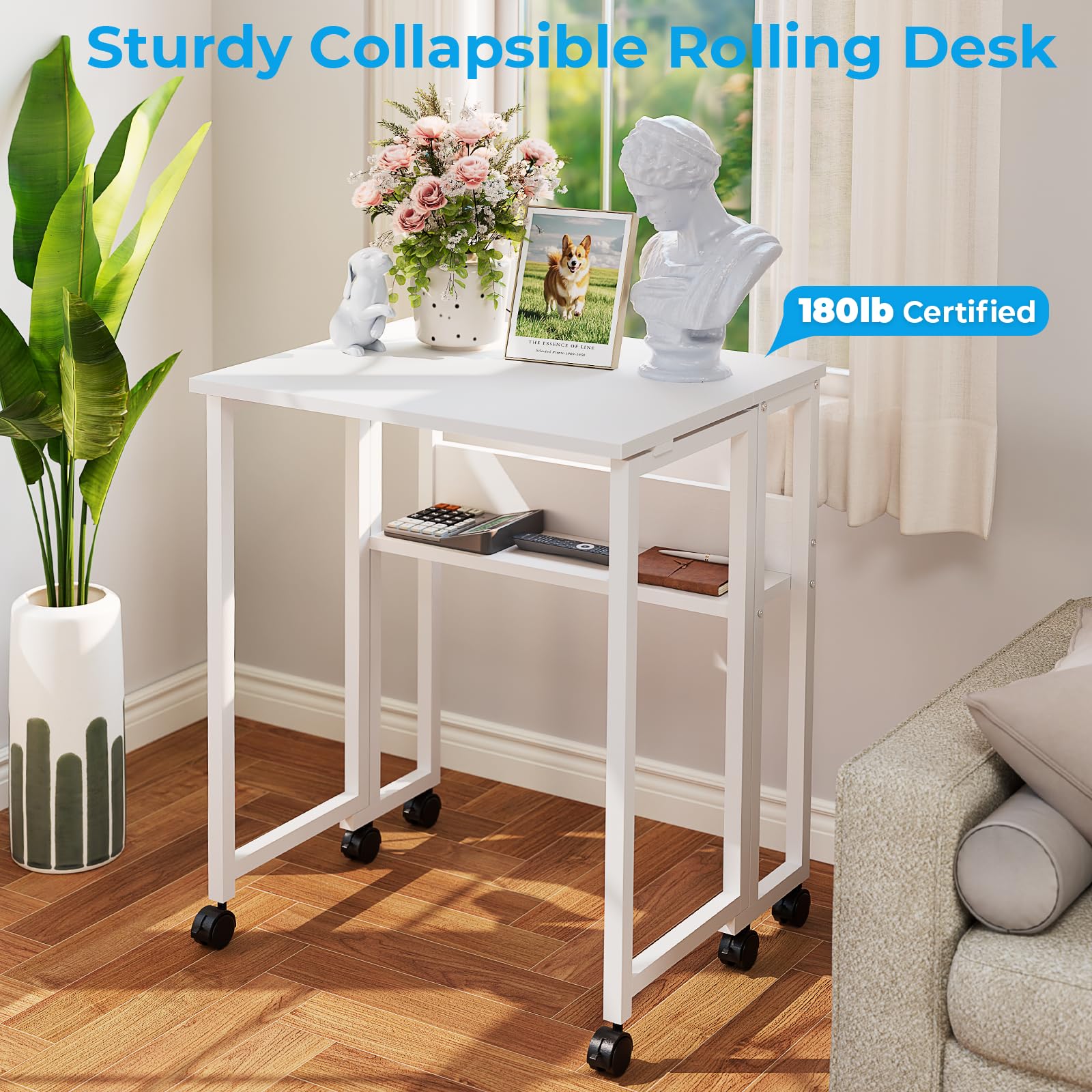 Folding Desk with Wheels, 24.8 Inch Compact Rolling Computer Table with Storage Shelf, Portable Mobile Workstation for Small Spaces, Easy Assembly, Pure White