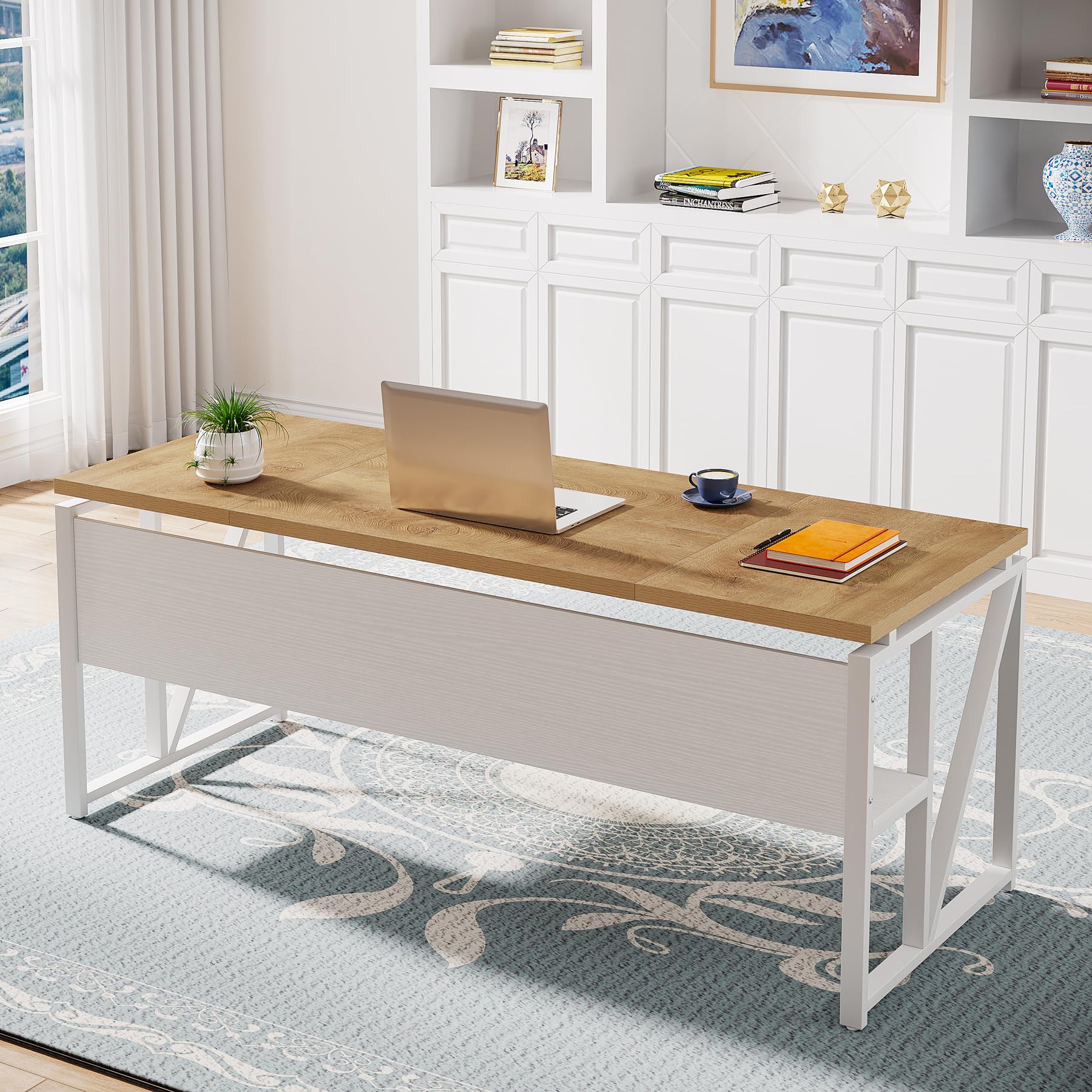 L Shaped Desk with Drawer Cabinet, 63" Executive Computer Desk and lateral File Cabinet, 2 Piece Home Office Furniture with Drawers for Hanging, Doors with Locks (Light Walnut, 63 inches)