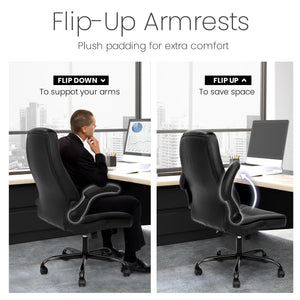 Ergonomic Office Chair Executive Computer Desk Chair Gaming High Back Support Comfy Seat Flip-up Arms Adjustable Height Swivel Rolling Wheels PU Leather for Home (Dark Black)