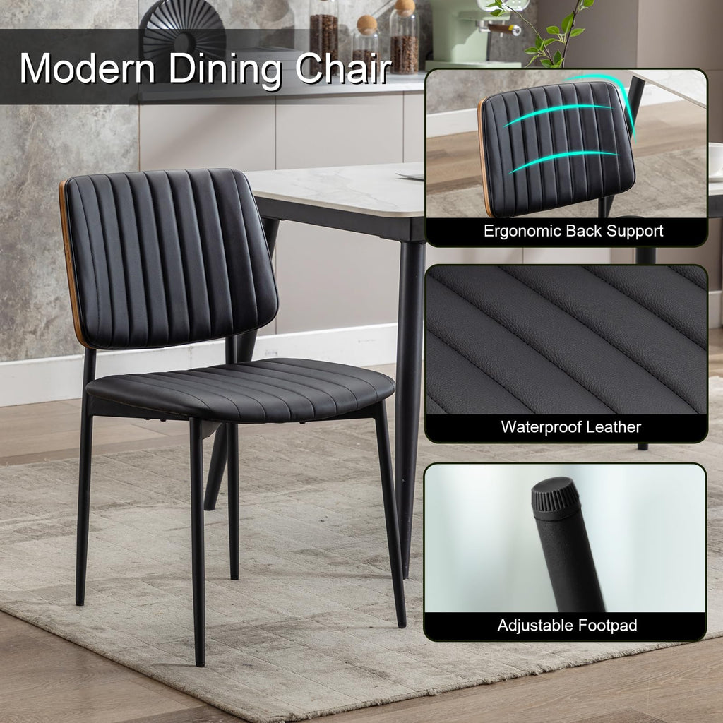 Black Leather Dining Chairs Set of 2, Mid Century Modern Dining Chairs Walnut Bentwood,Armless Kitchen Chairs with Metal Legs Adjustable Foot for Dining Room（Walnut Black）