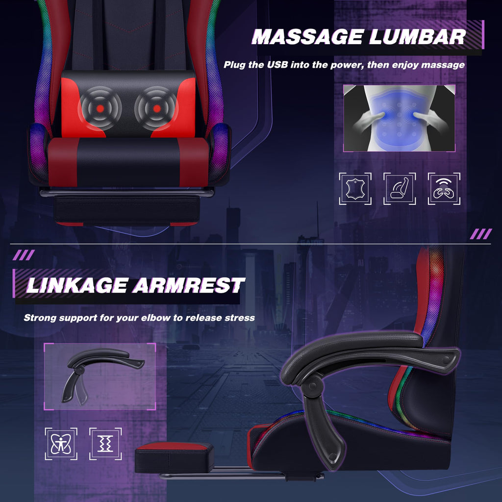 Gaming Chair, Video Game Chair with Footrest and Massage Lumbar Support, Ergonomic Computer Chair Height Adjustable with Swivel Seat and Headrest (RGB Red)