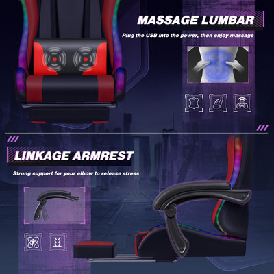 Gaming Chair, Video Game Chair with Footrest and Massage Lumbar Support, Ergonomic Computer Chair Height Adjustable with Swivel Seat and Headrest (RGB Red)