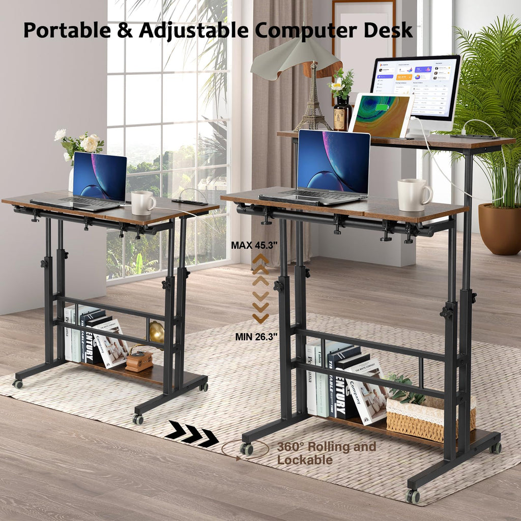 Mobile Standing Desk Adjustable Height, Rolling Desk Stand Up Desk, Mobile Laptop Desk, Rolling Computer Desk with Charging Station, Portable Desk with Wheels, Rustic Brown
