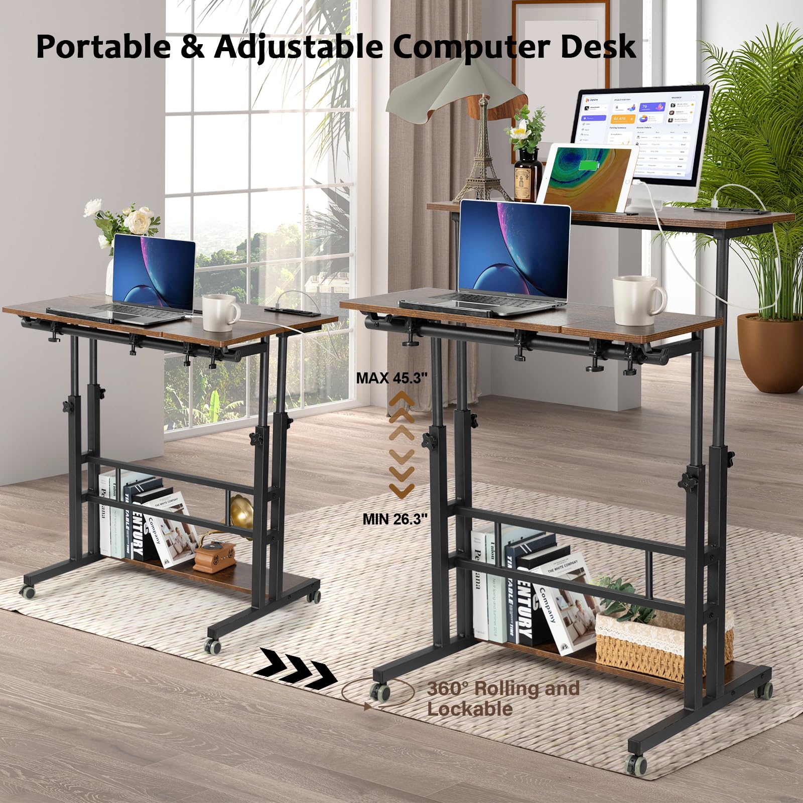 Mobile Standing Desk Adjustable Height, Rolling Desk Stand Up Desk, Mobile Laptop Desk, Rolling Computer Desk with Charging Station, Portable Desk with Wheels, Rustic Brown