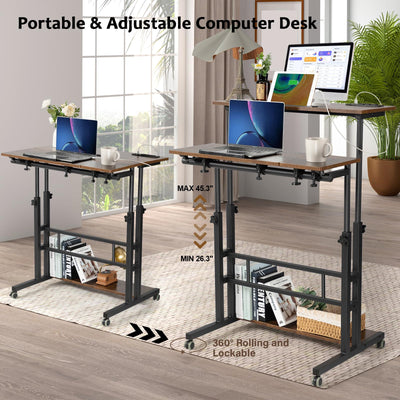 Mobile Standing Desk Adjustable Height, Rolling Desk Stand Up Desk, Mobile Laptop Desk, Rolling Computer Desk with Charging Station, Portable Desk with Wheels, Rustic Brown
