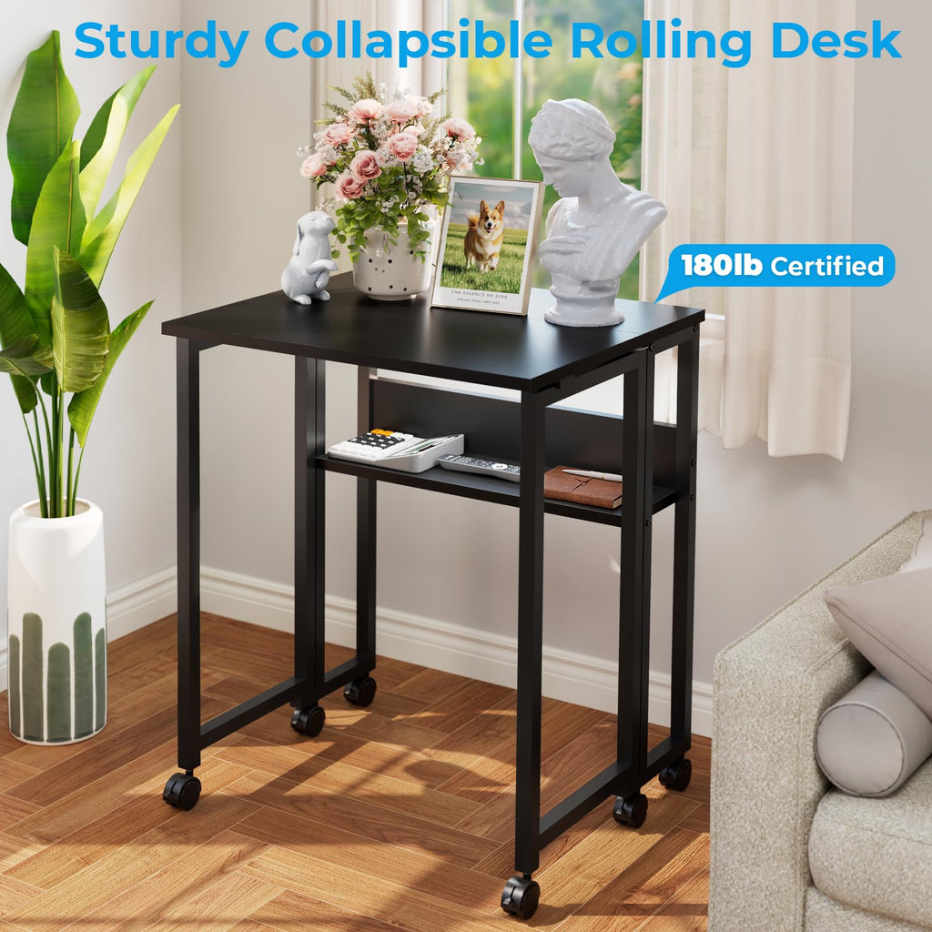 Folding Desk with Wheels, 31.5 Inch Compact Rolling Computer Table with Storage Shelf, Portable Mobile Workstation for Small Spaces, Easy Assembly, Black