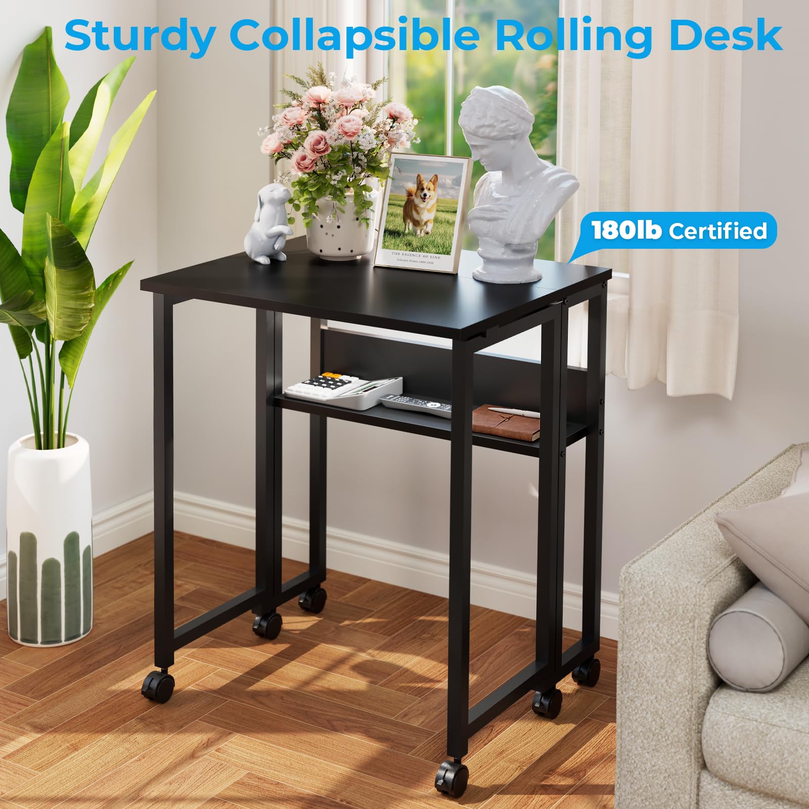 Folding Desk with Wheels, 31.5 Inch Compact Rolling Computer Table with Storage Shelf, Portable Mobile Workstation for Small Spaces, Easy Assembly, Black