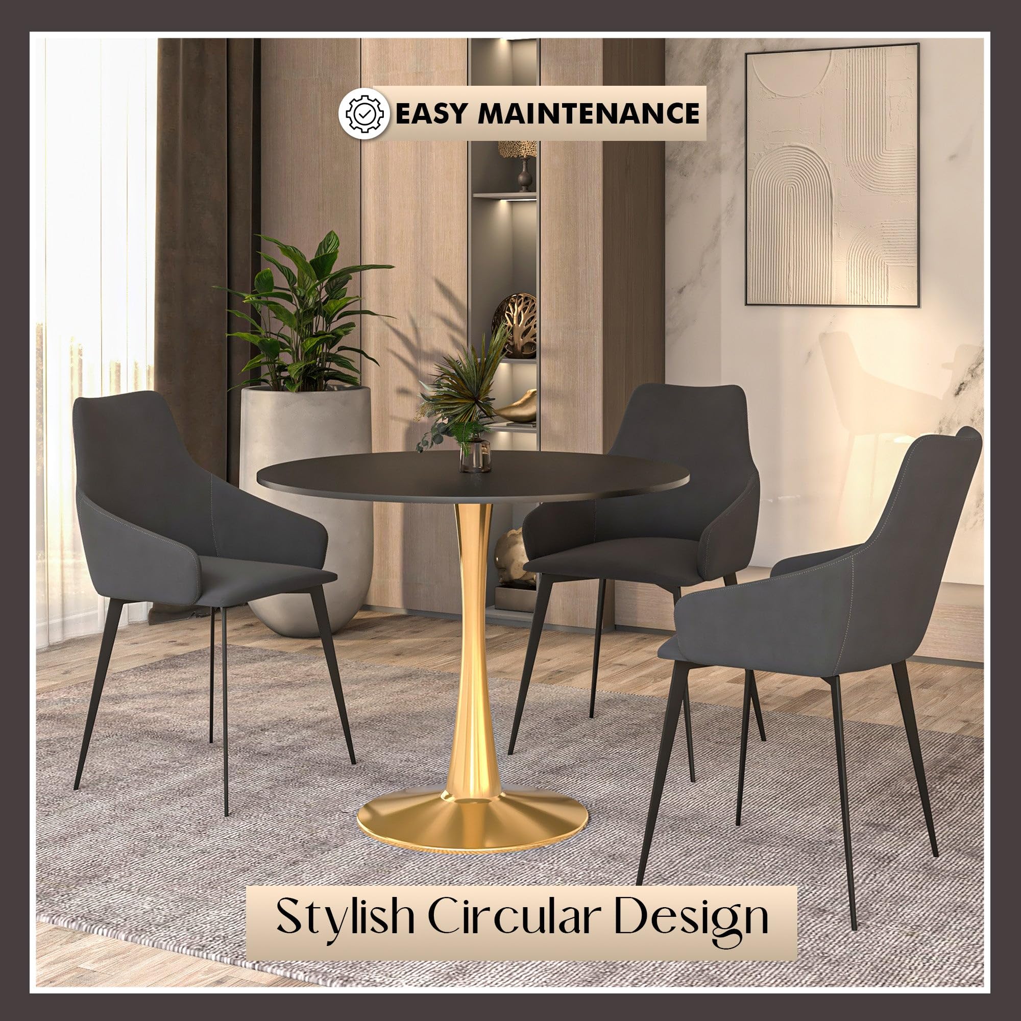 31" Round Dining Table in Black Modern MDF Wood Tabletop with Gold Pedestal Base, Mid-Century Accent Table for Kitchen, Café & Dining Room