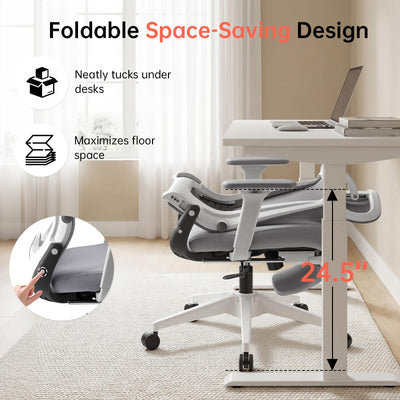 Foldable Office Chair with Foot Rest, Ergonomic Office Chair with Adjustable Lumbar Support, Headrest, Armrest, Home Office Desk Chairs for Space Saving, Grey