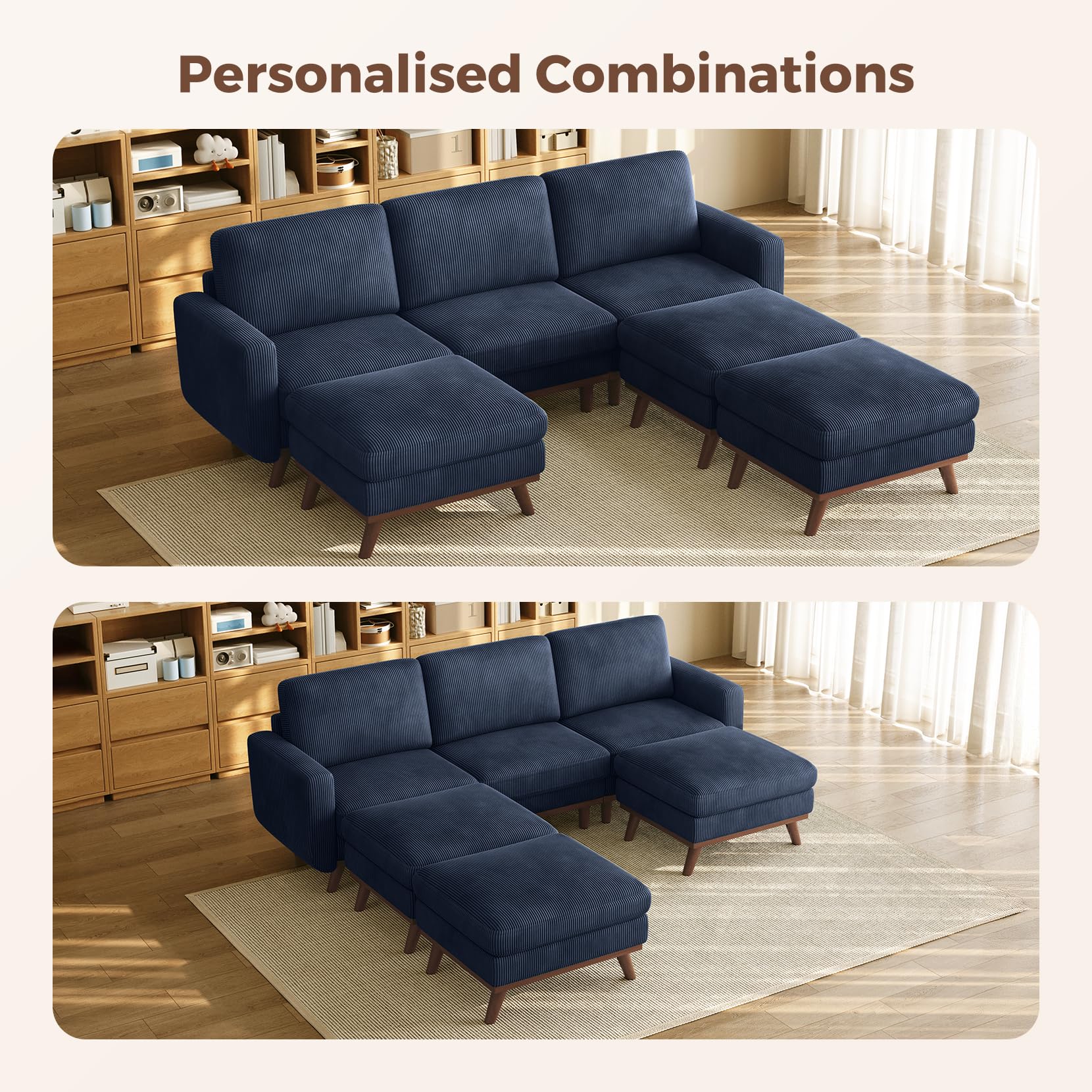 97" Modular Sectional Sofa Drak Blue, Sectional Couch with Movable Ottoman, Comfy Corduroy Couch with Spring Cushion, Modular Sofa with Deep Seat for Living Room, Bedroom and Apartment