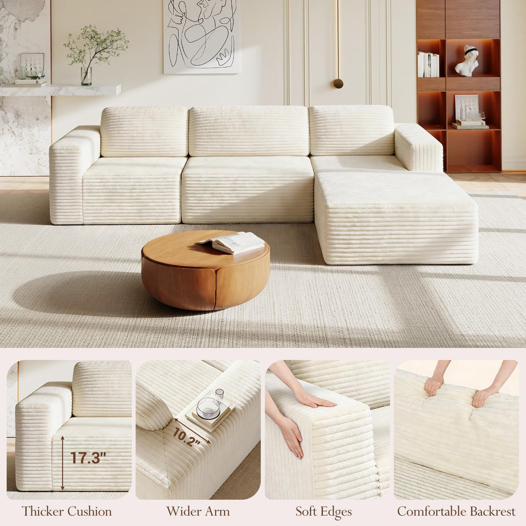 119" L-Shaped Modular Sectional Sofa, Corduroy Cloud Couch with Deep Seating & Spring Support, Flexible Layout Sofa with Ottoman, Boneless Style, No Assembly Required, Beige