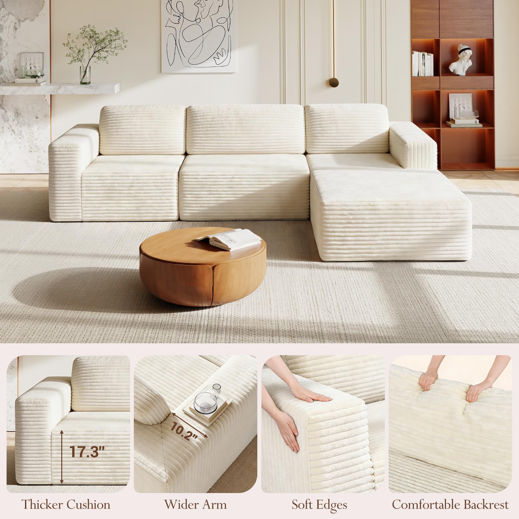 119" L-Shaped Modular Sectional Sofa, Corduroy Cloud Couch with Deep Seating & Spring Support, Flexible Layout Sofa with Ottoman, Boneless Style, No Assembly Required, Beige