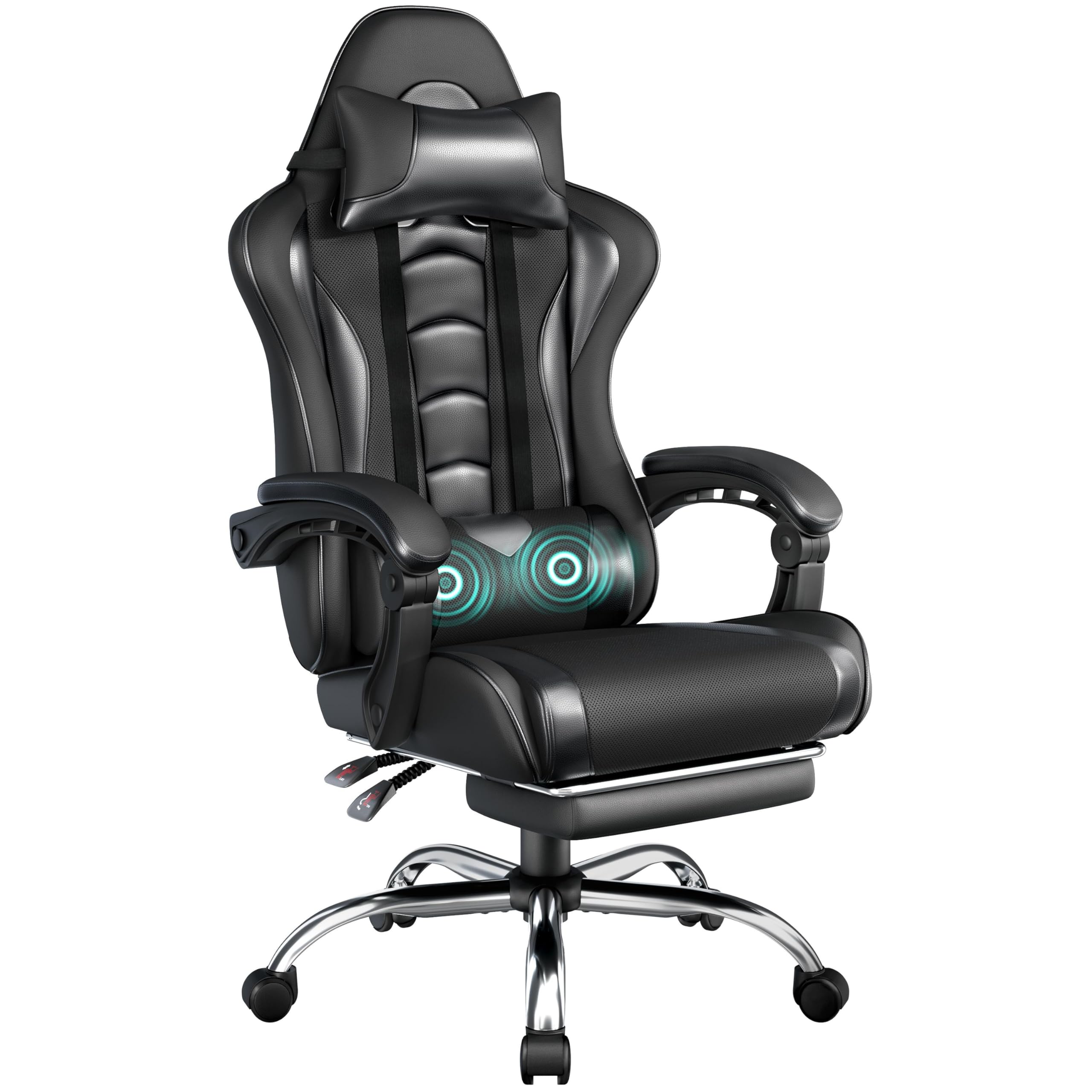 Gaming Chair, Video Game Chair with Massage Lumbar Support and Footrest Height Adjustable Ergonomic Computer Chair with Swivel Seat and Headrest, Full Black