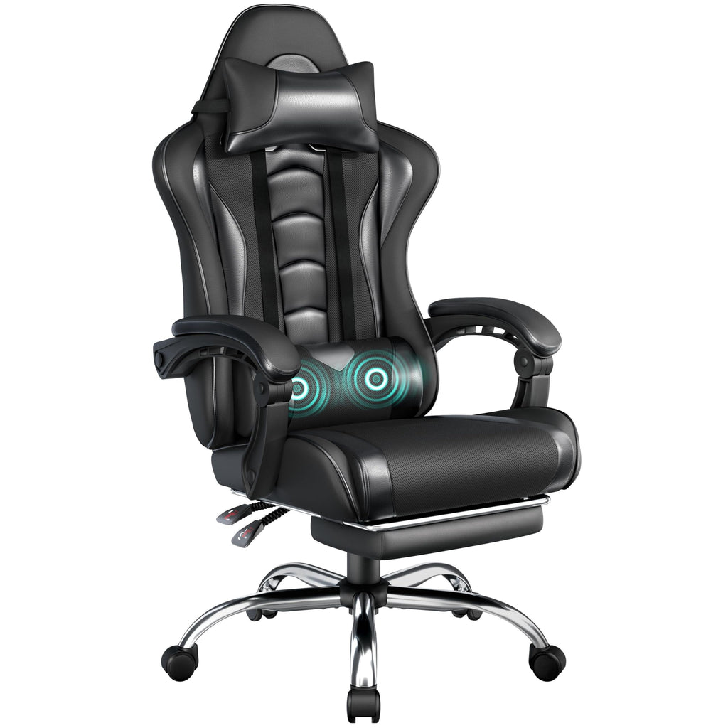 Gaming Chair, Video Game Chair with Massage Lumbar Support and Footrest Height Adjustable Ergonomic Computer Chair with Swivel Seat and Headrest, Full Black