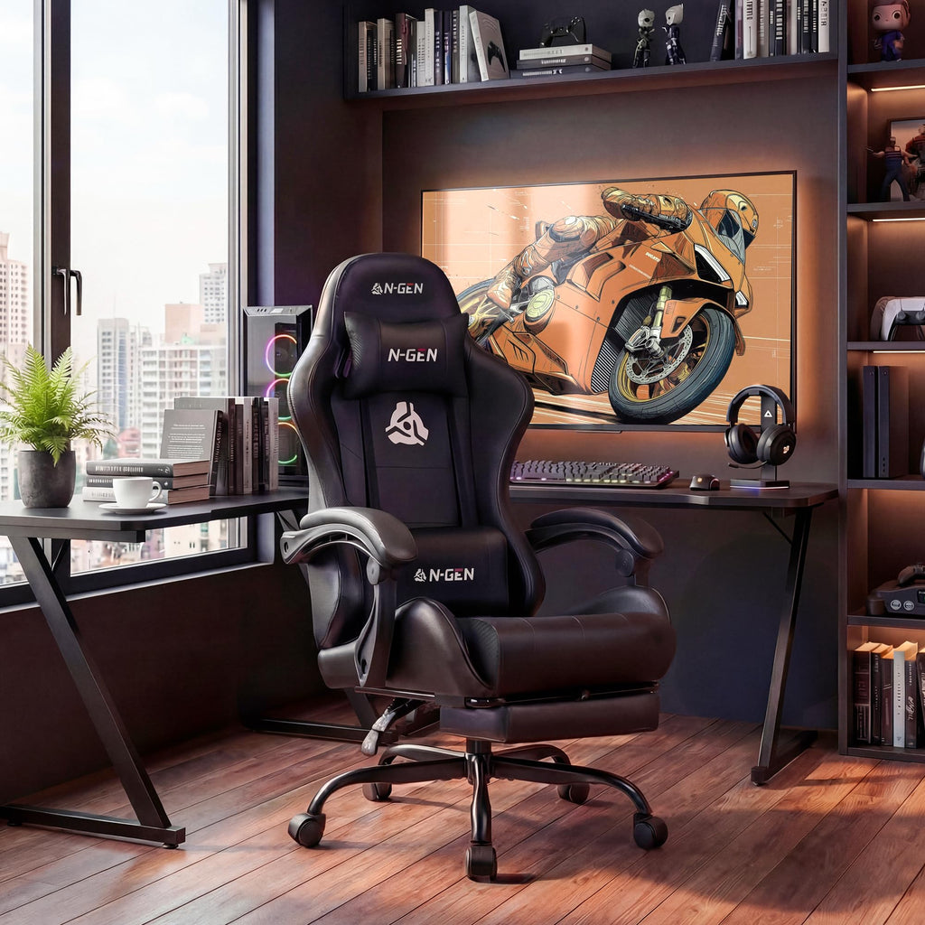 Video Gaming Chair with Footrest Lumbar Support for Home Office High Back Recliner Height Adjustable Ergonomic Comfy Leather Computer Desk Chair (Deep Black)