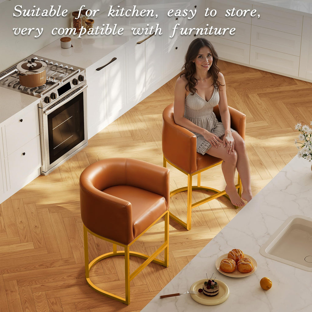 Modern Counter Height Bar Stools,Bar Stools Set of 2,PU Leather Upholstered Barrel Barstools with Backs,26'' Kitchen Island Chairs,Metal Gold Frames,Camel Brown Leather