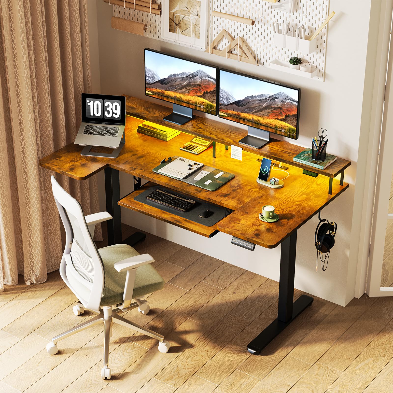 U Shaped Electric Standing Desk with Keyboard Tray, 55 Inch Height Adjustable Desk with Power Outlets & LED Lights, Sit Stand Table with Monitor Stand for Home, Office, Rustic Brown