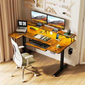 U Shaped Electric Standing Desk with Keyboard Tray, 55 Inch Height Adjustable Desk with Power Outlets & LED Lights, Sit Stand Table with Monitor Stand for Home, Office, Rustic Brown
