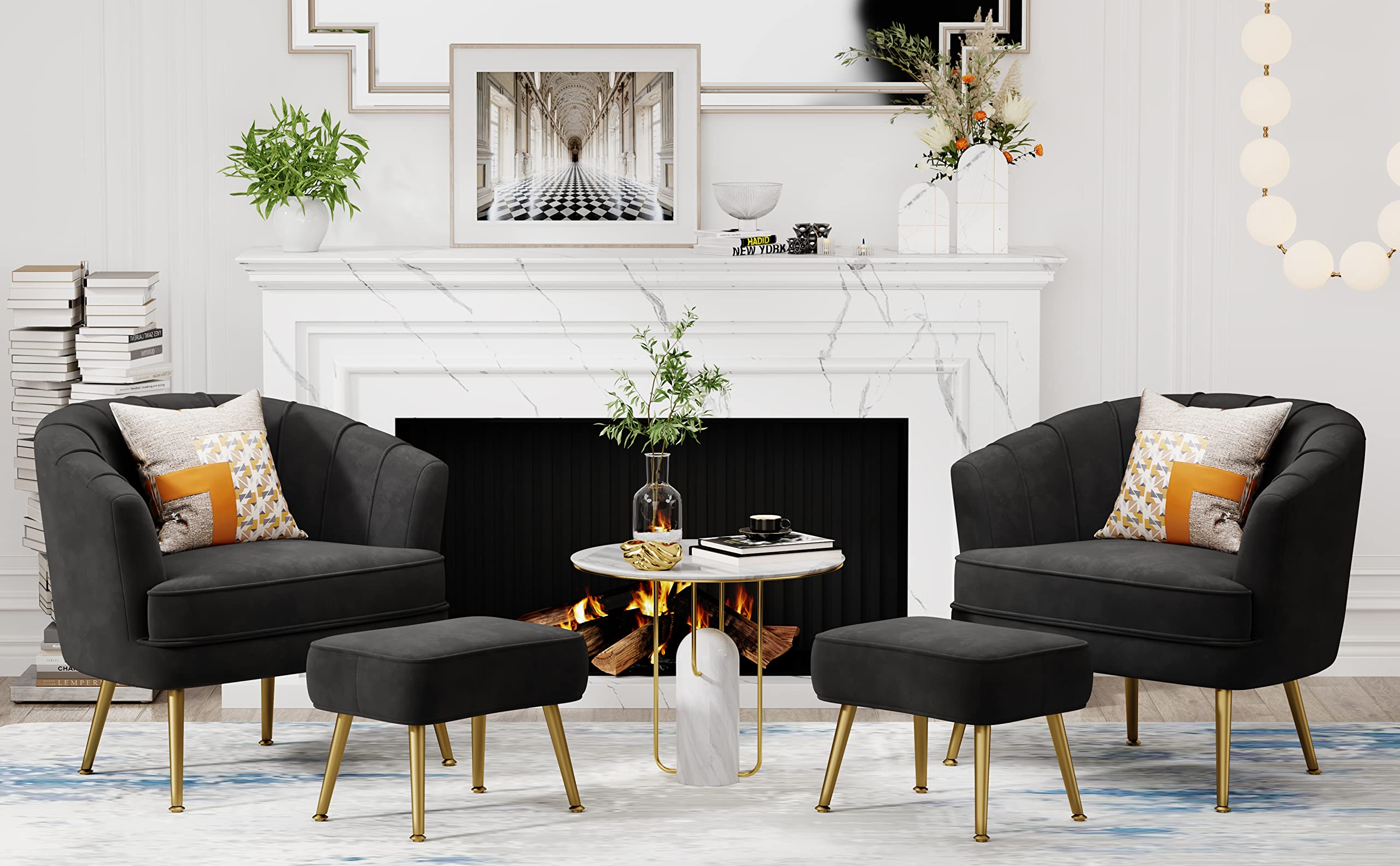 Velvet Accent Chair with Ottoman, Upholstered Modern Single Sofa Side Chair,Comfy Barrel Club Living Room Armchair with Golden Metal Legs for Bedroom Living Reading Room Office, Black
