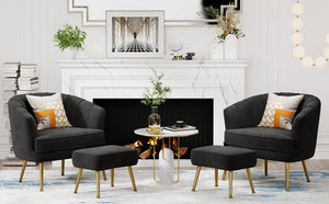 Velvet Accent Chair with Ottoman, Upholstered Modern Single Sofa Side Chair,Comfy Barrel Club Living Room Armchair with Golden Metal Legs for Bedroom Living Reading Room Office, Black