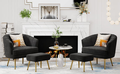 Velvet Accent Chair with Ottoman, Upholstered Modern Single Sofa Side Chair,Comfy Barrel Club Living Room Armchair with Golden Metal Legs for Bedroom Living Reading Room Office, Black