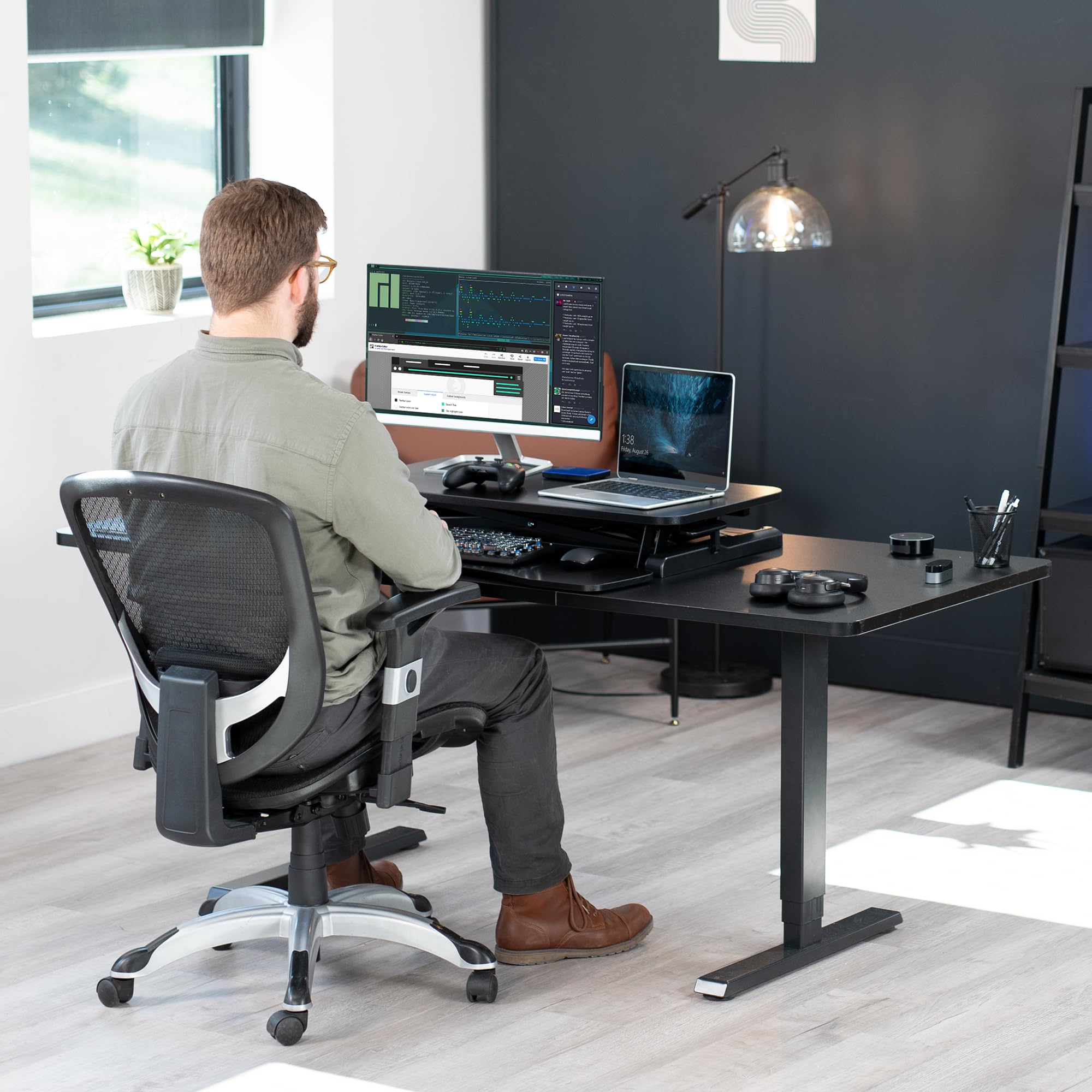 32 inch Carbon Fiber Desk Converter, K Series, Height Adjustable Sit to Stand Riser, Dual Monitor and Laptop Workstation with Wide Keyboard Tray, Black, DESK-V000KR