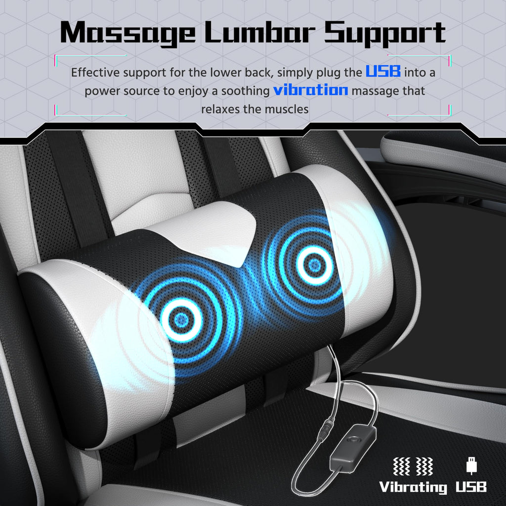 Gaming Chair with Electric Massage Lumbar Support, Footrest & Headrest — Ergonomic High Back Recliner for Home Office, Computer Desk Chair, Height Adjustable, 300 lbs, Black/White
