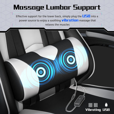 Gaming Chair with Electric Massage Lumbar Support, Footrest & Headrest — Ergonomic High Back Recliner for Home Office, Computer Desk Chair, Height Adjustable, 300 lbs, Black/White