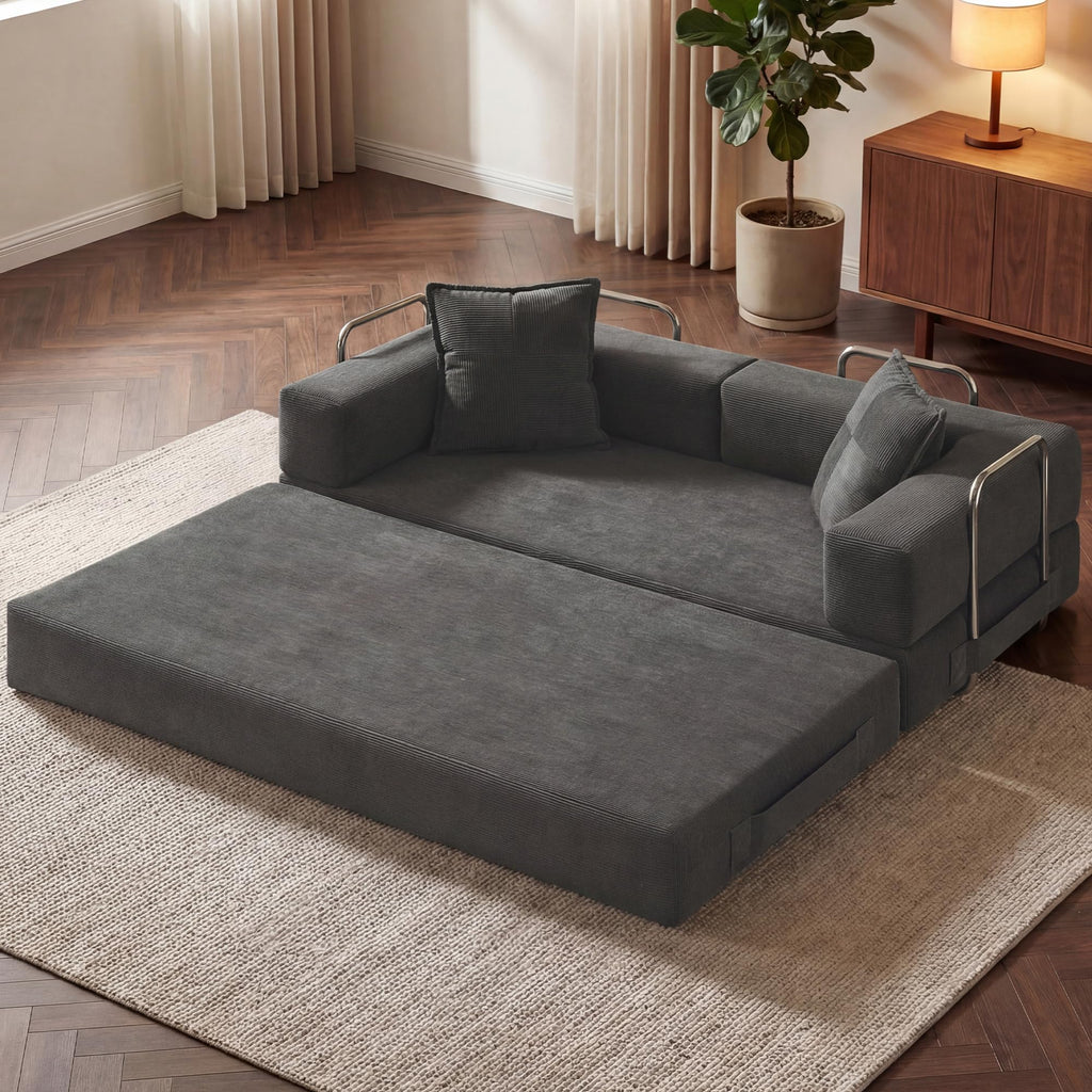 78 Inch Convertible Sofa Bed, 5-in-1 Futon Sofa Bed Pull Out Couch, Boneless Couch Bed for Living Room, Corduroy Boneless Couches for Bedroom, Apartment, No Assembly Sleeper Sofa Bed, Gray