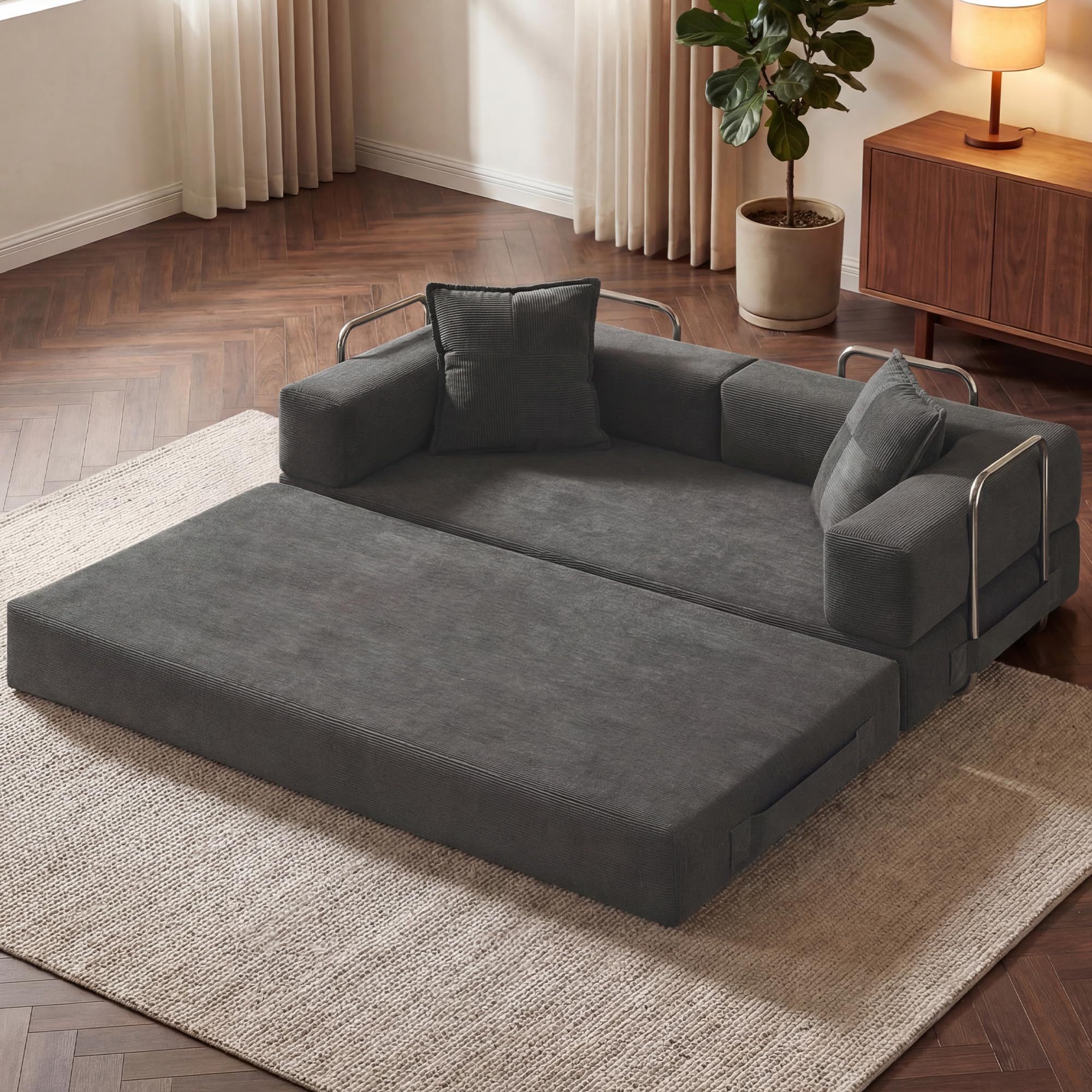 78 Inch Convertible Sofa Bed, 5-in-1 Futon Sofa Bed Pull Out Couch, Boneless Couch Bed for Living Room, Corduroy Boneless Couches for Bedroom, Apartment, No Assembly Sleeper Sofa Bed, Gray