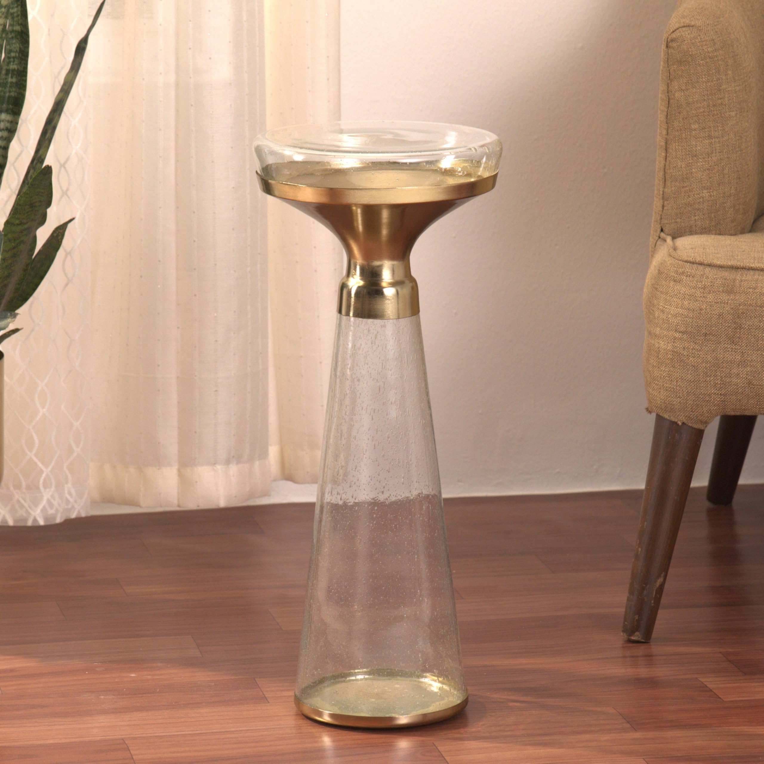 Modern Decorative Round Drink Table with Glass Base and Top with Gold Metal Accent, Martini, Gold Pedestal Table, Tall Side Table, Small Space end Table, for Living Room & Bedroom, Clear,Assembled