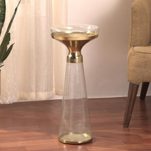 Modern Decorative Round Drink Table with Glass Base and Top with Gold Metal Accent, Martini, Gold Pedestal Table, Tall Side Table, Small Space end Table, for Living Room & Bedroom, Clear,Assembled