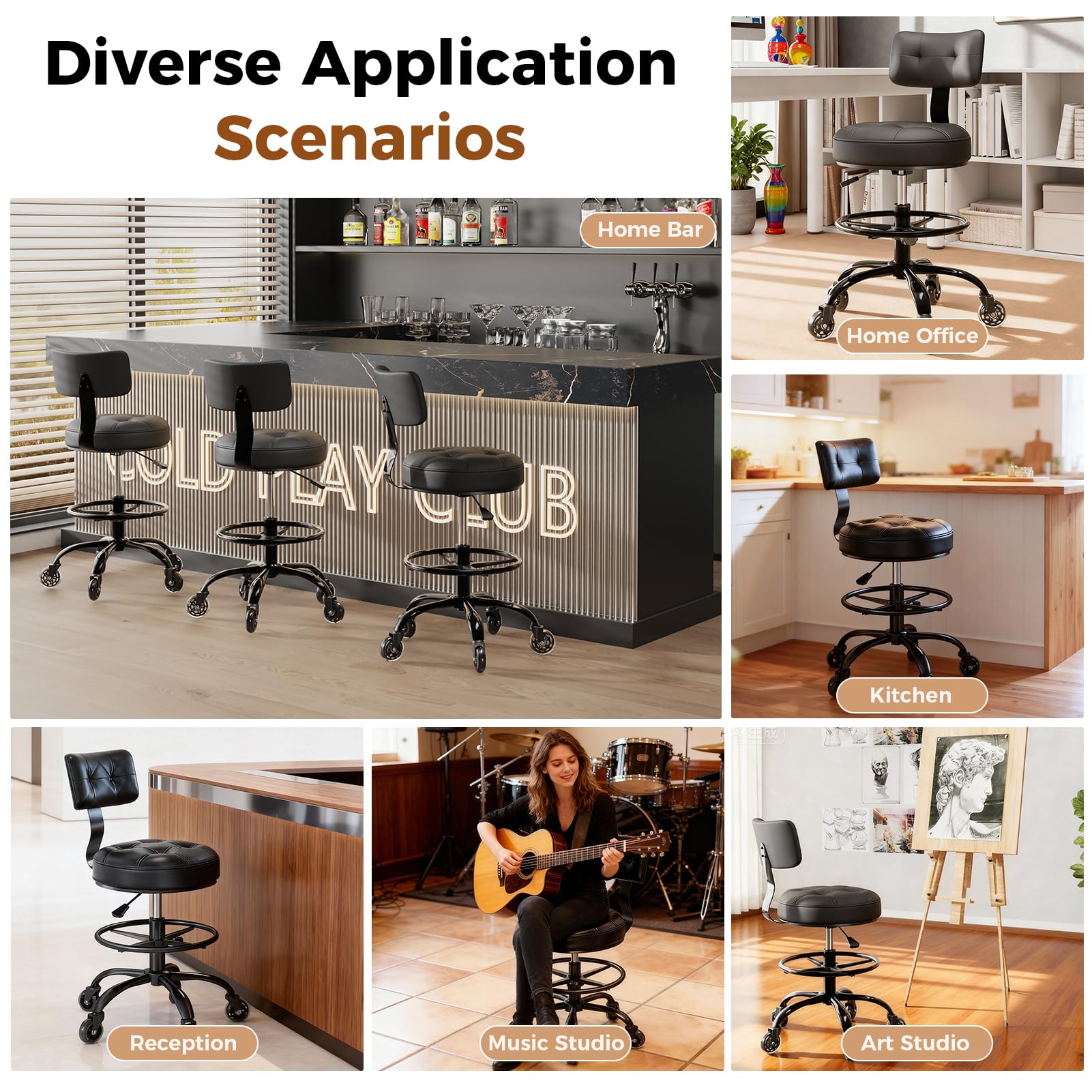 Office Drafting Chair with Footrest, Tall Height Adjustable Stool with Back Support, Heavy Duty Rolling Stool Chair with Wheels for Office Home Kitchen Bar Shop Guitar Studio Vanity, Black