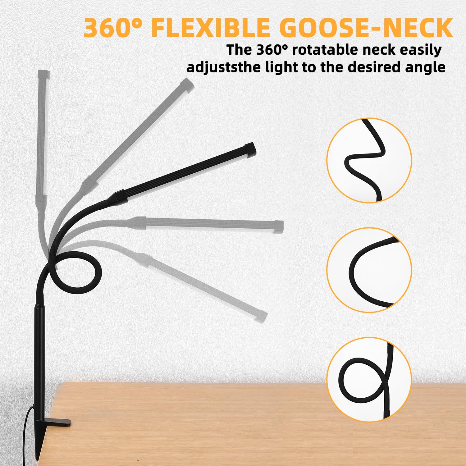 LED Desk Lamp with Clamp, Eye-Caring Clip on Lights for Home Office, 3 Modes 10 Brightness, Long Flexible Goose-Neck, Metal, Swing Arm Architect Task Table Lamps with USB Adapter, Black