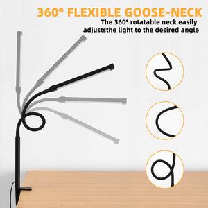 LED Desk Lamp with Clamp, Eye-Caring Clip on Lights for Home Office, 3 Modes 10 Brightness, Long Flexible Goose-Neck, Metal, Swing Arm Architect Task Table Lamps with USB Adapter, Black