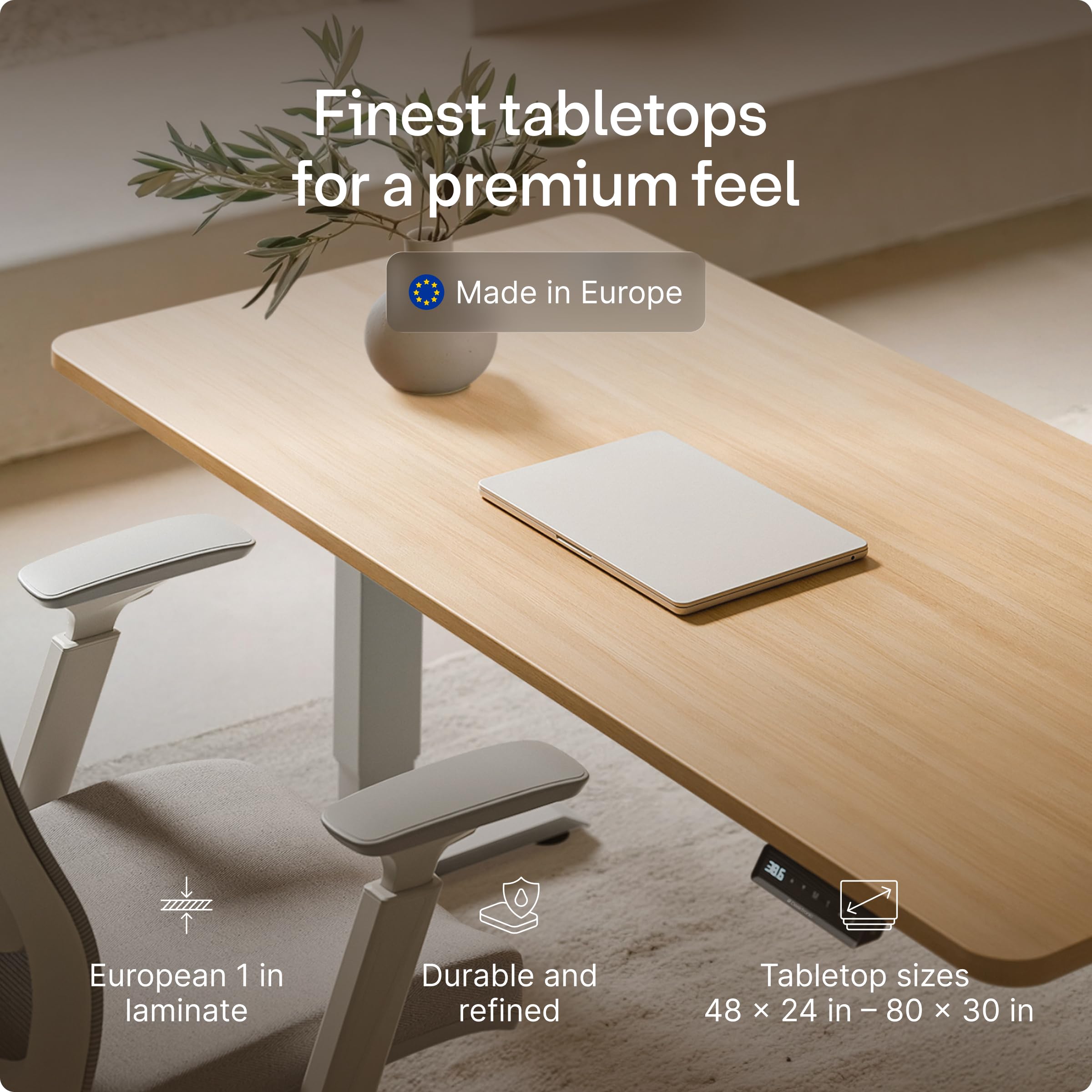 HomePro Standing Desk 54x28 — Made in Europe, Ergonomic Sit Stand Home Office Desk, Electric Height Adjustable, Dual Motor, USB & USB-C Charging, Wobble-Free, Touchscreen, 3 Memory Presets