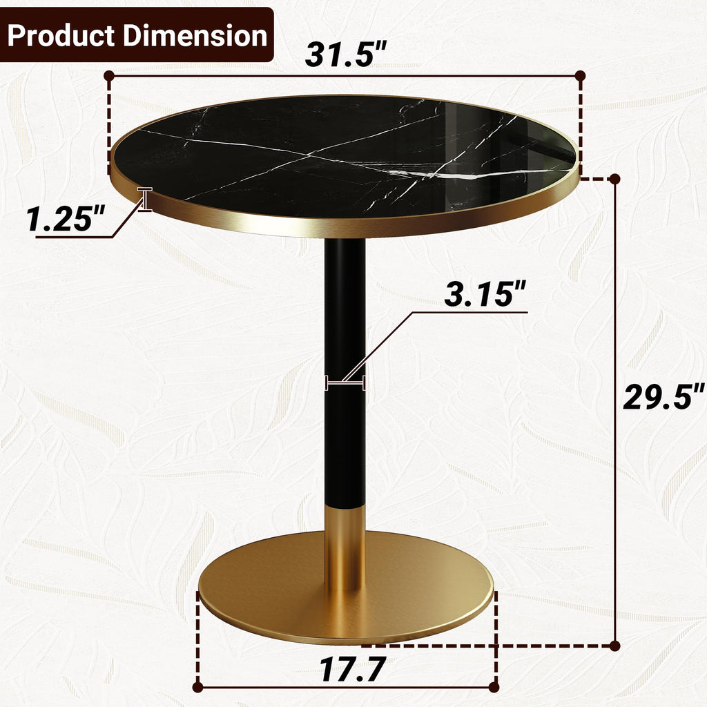 31.5" Tulip Table,Round Kitchen Dining Table for 2-4 with Thick Sintered Stone Top,Titanium Golden Pedestal Base,Heat-Resistant,Bistro Table for Dining Room,Café,Small Space（Inky Axis）