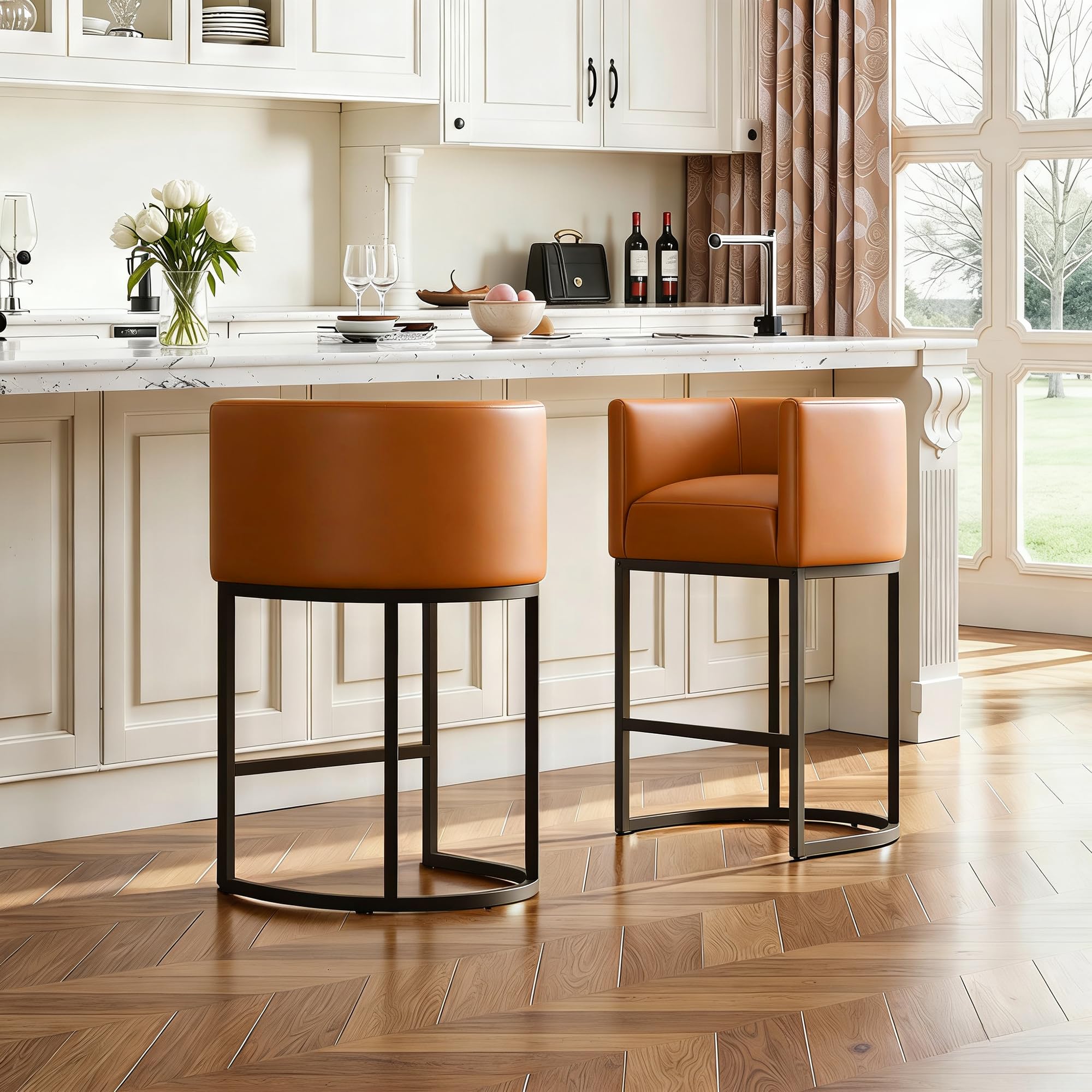 Modern Counter Height Bar Stools,Bar Stools Set of 2,PU Leather Upholstered Barrel Barstools with Backs,24'' Kitchen Island Chairs,Metal Black Frames,Camel Brown Leather