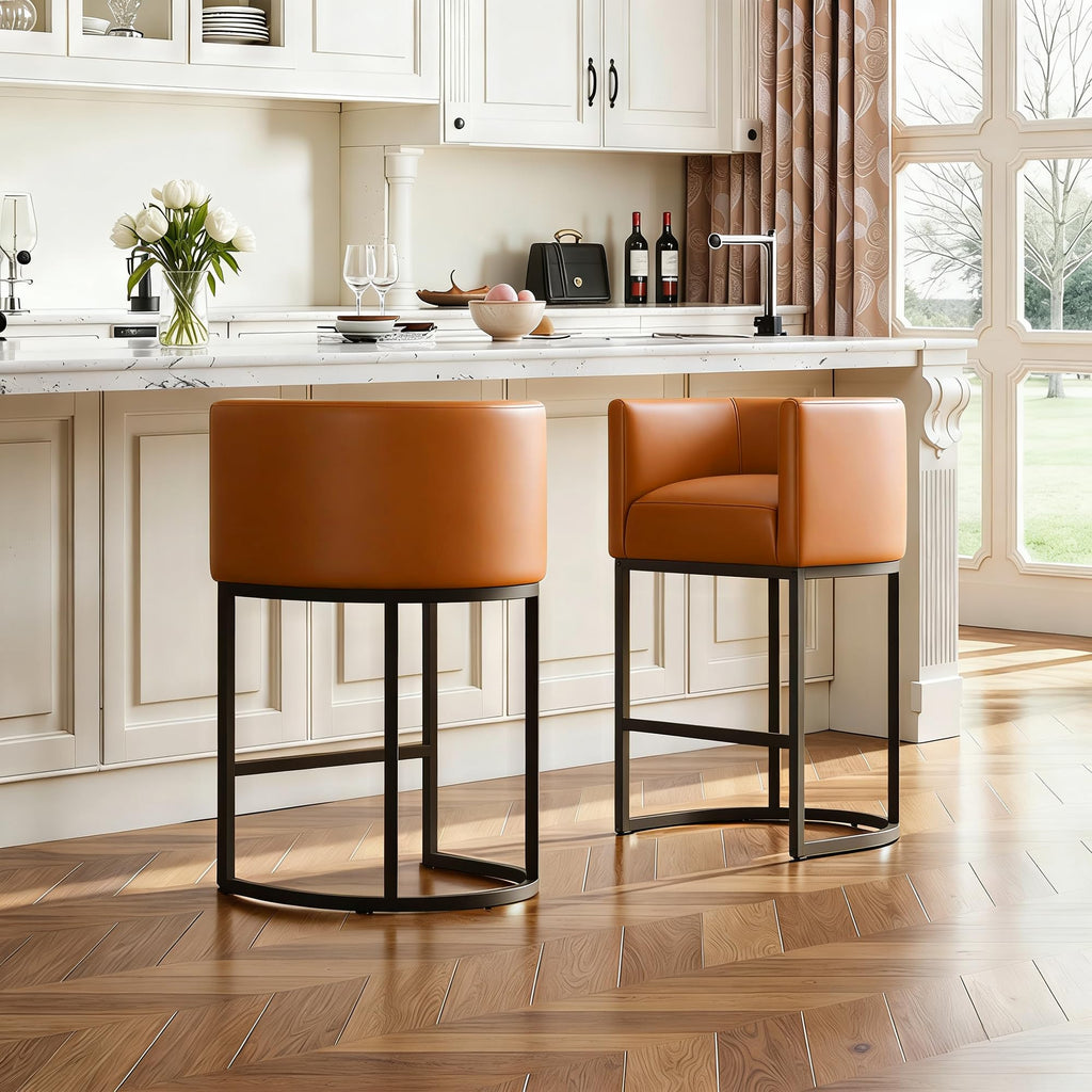 Modern Counter Height Bar Stools,Bar Stools Set of 4,PU Leather Upholstered Barrel Barstools with Backs,24'' Kitchen Island Chairs,Metal Black Frames,Camel Brown Leather
