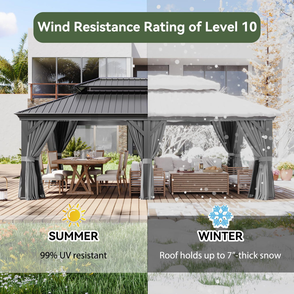 12' X 20' Hardtop Gazebo, Aluminum Outdoor Gazebo with Galvanized Steel Double Roof, Patio Permanent Metal Pavilion with Netting, for Garden, Deck, Grey, Square Foundation