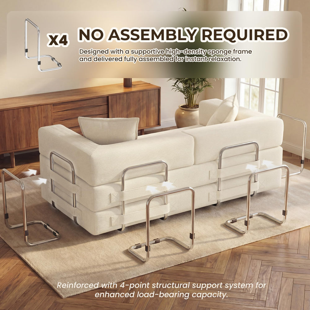 78 Inch Convertible Sofa Bed, 5-in-1 Futon Sofa Bed Pull Out Couch, Boneless Couch Bed for Living Room, Corduroy Boneless Couches for Bedroom, Apartment, No Assembly Sleeper Sofa Bed, Beige