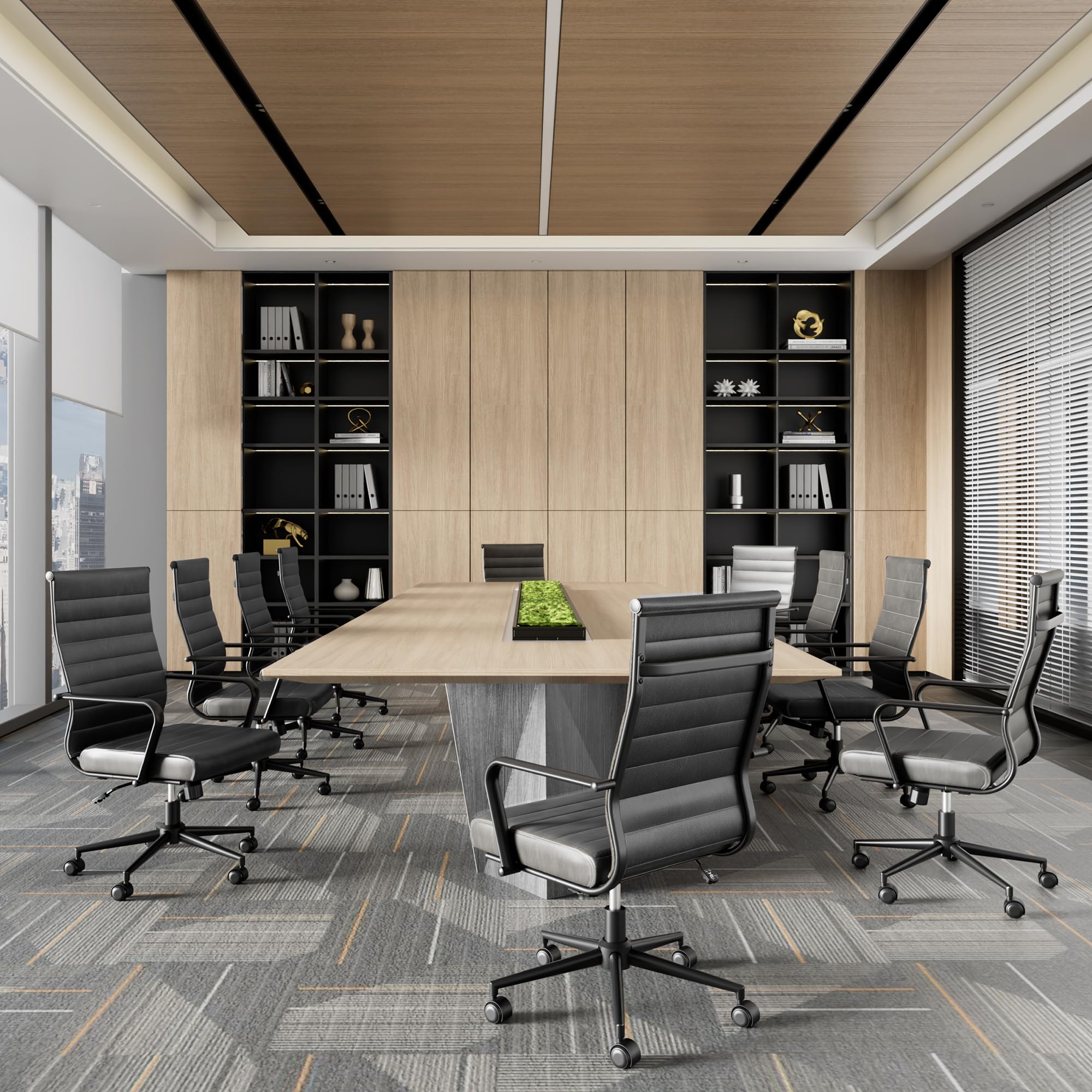 Okeysen Genuine Leather Office Desk Chair, Mid-Century Modern Real Leather Conference Room Chairs, Ergonomic Executive Ribbed Height Adjustable Swivel Rolling Chair for Home Office....