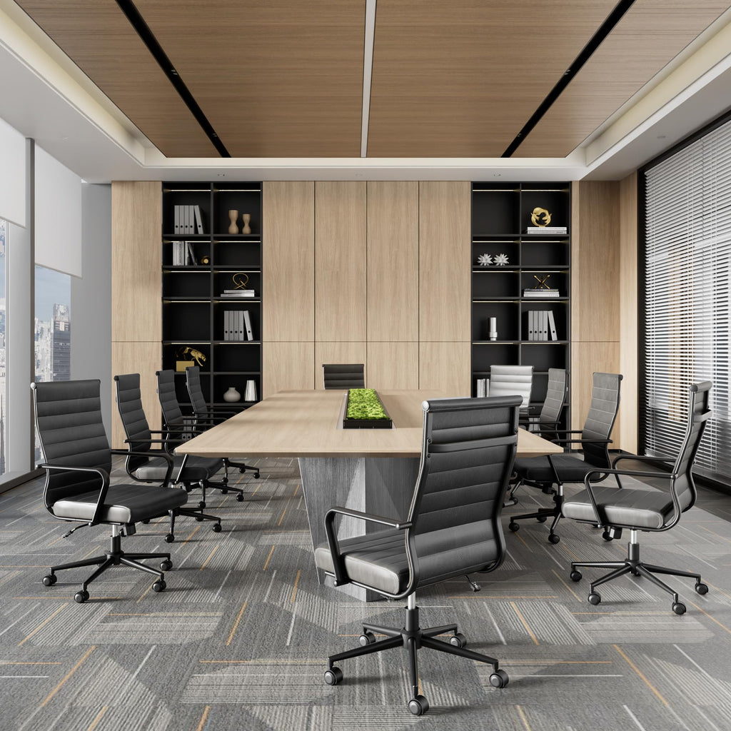 Okeysen Genuine Leather Office Desk Chair, Mid-Century Modern Real Leather Conference Room Chairs, Ergonomic Executive Ribbed Height Adjustable Swivel Rolling Chair for Home Office....