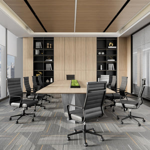 Okeysen Genuine Leather Office Desk Chair, Mid-Century Modern Real Leather Conference Room Chairs, Ergonomic Executive Ribbed Height Adjustable Swivel Rolling Chair for Home Office....