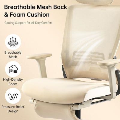 Foldable Office Chair with Foot Rest, Ergonomic Office Chair with Adjustable Lumbar Support, Headrest, Armrest, Home Office Desk Chair for Space Saving, Work from Home, Cream