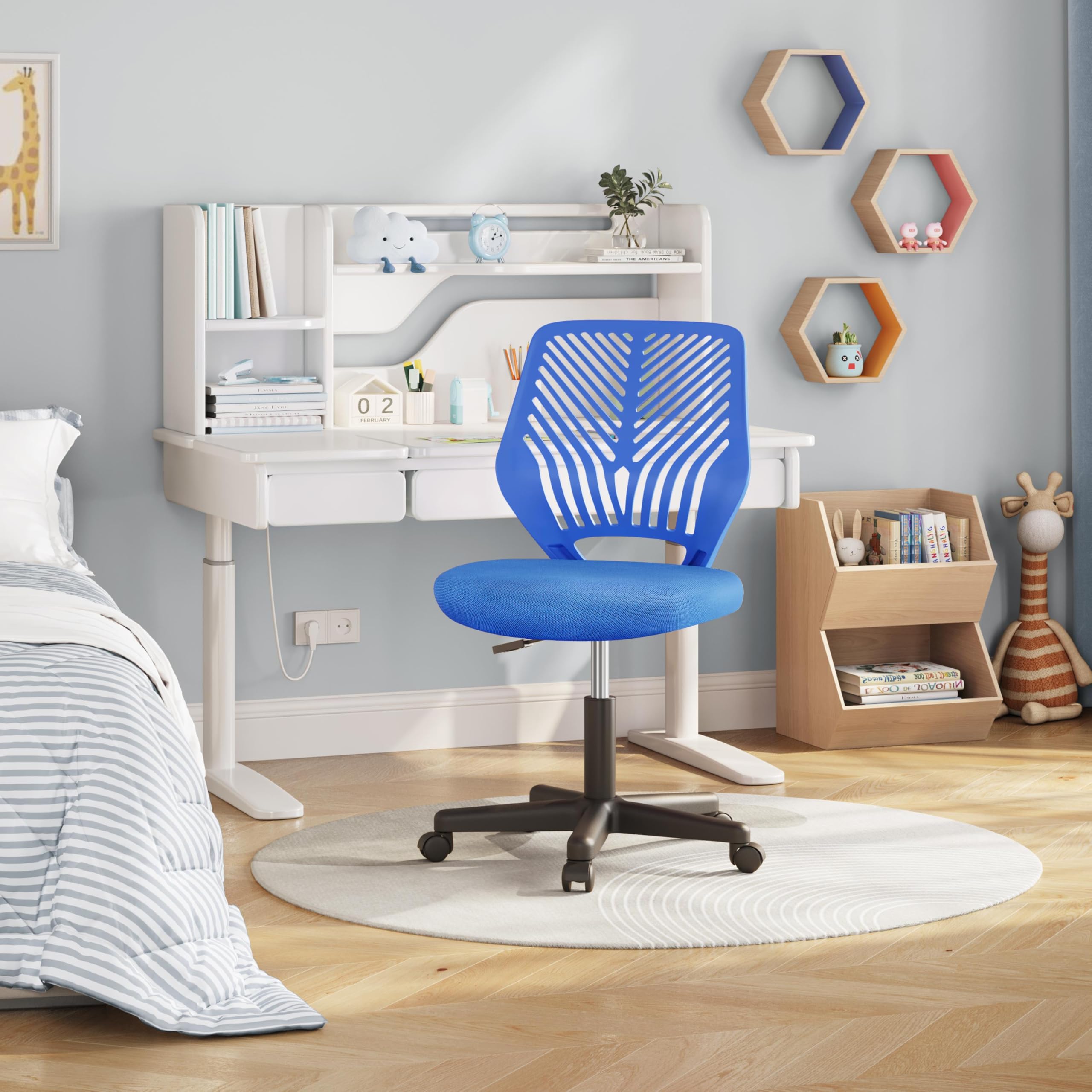 Students Desk Chair Low-Back Armless Study Chair Cute with Lumbar Support Adjustable Height for Youth, Blue