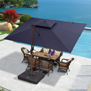 9' X 12' Double Top Deluxe Wood Pattern Rectangle Patio Umbrella Offset Hanging Umbrella Outdoor Market Umbrella Garden Umbrella, Navy Blue