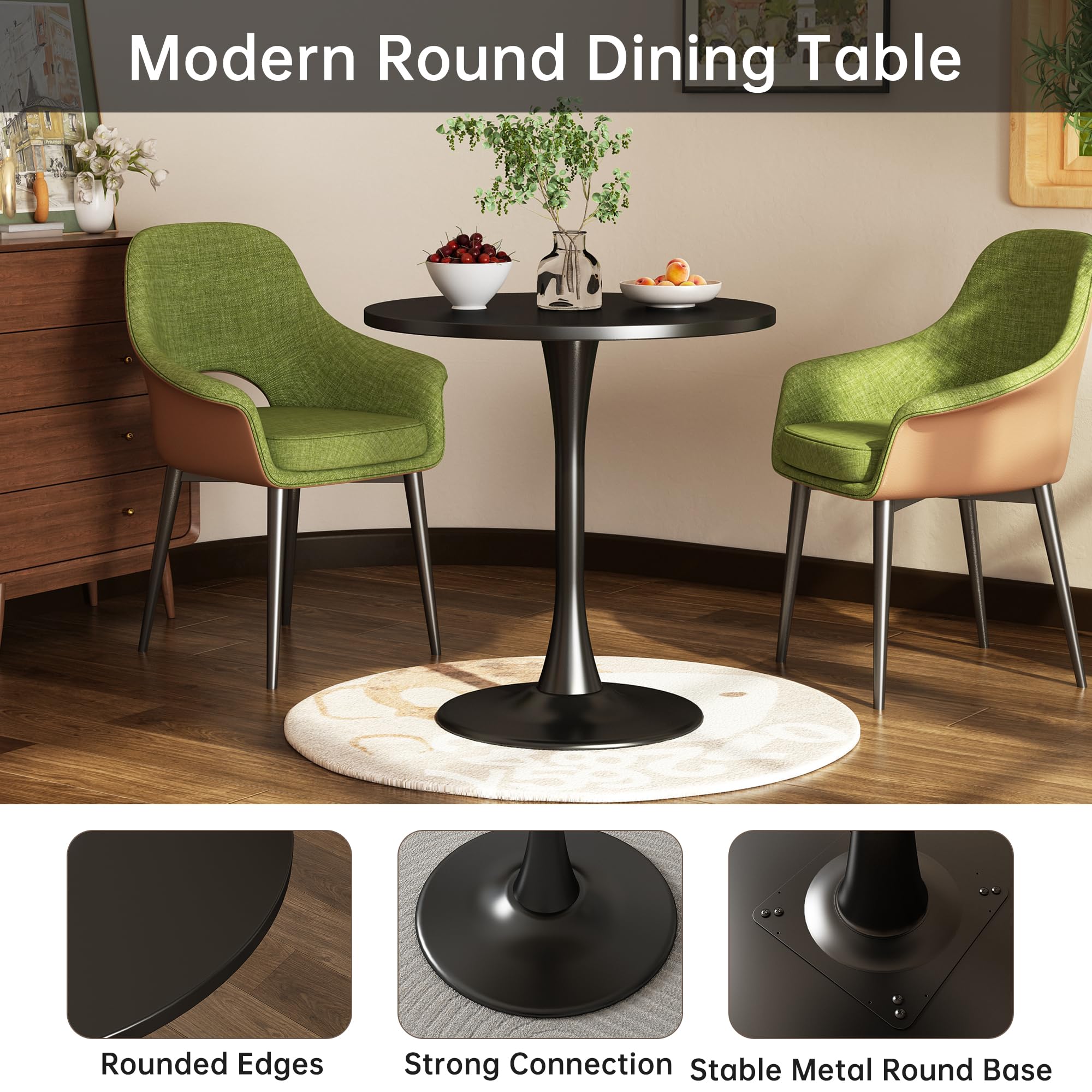 Round Dining Table 24" Circle Tulip Table with Wood Thickened Tabletop & Sturdy Metal Pedestal Mid Century Modern Leisure Bistro Kitchen Tables 2 People Small Places Living Room Cafe,Black